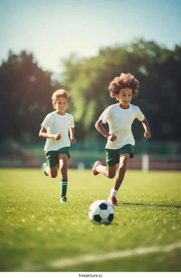 Two young boys playing soccer on a field