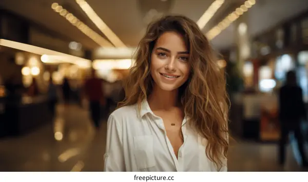 Portrait of a beautiful young woman with long brown hair smiling at the camera