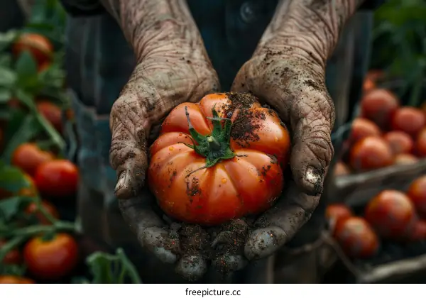Wrinkled hands of a farmer holding a tomato