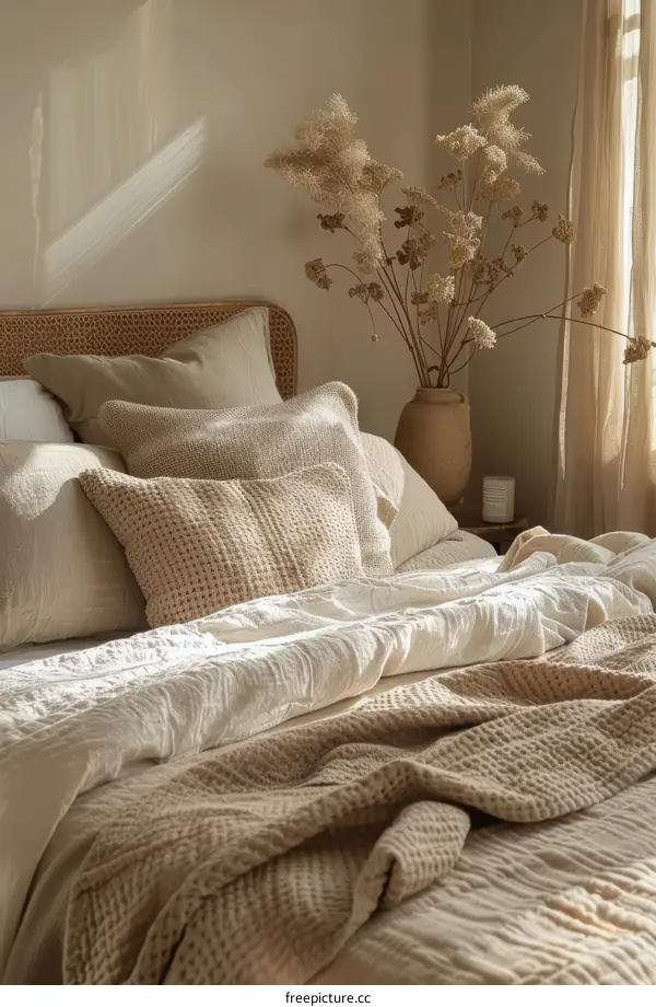 Neutral bedroom with lots of pillows and textures