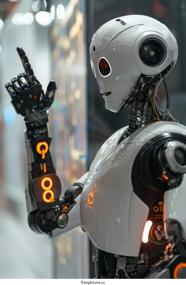 Futuristic Robot with Glowing Orange Eyes and Arm Markings