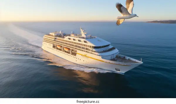 Cruise ship sails through the ocean with a seagull flying above