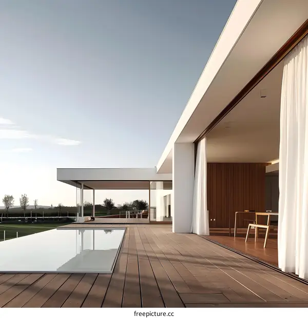 Modern Minimalist House with a Pool and Wooden Deck