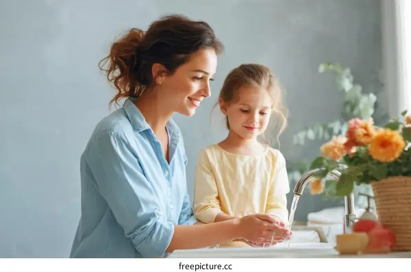 Mother and Daughter Washing Hands Together