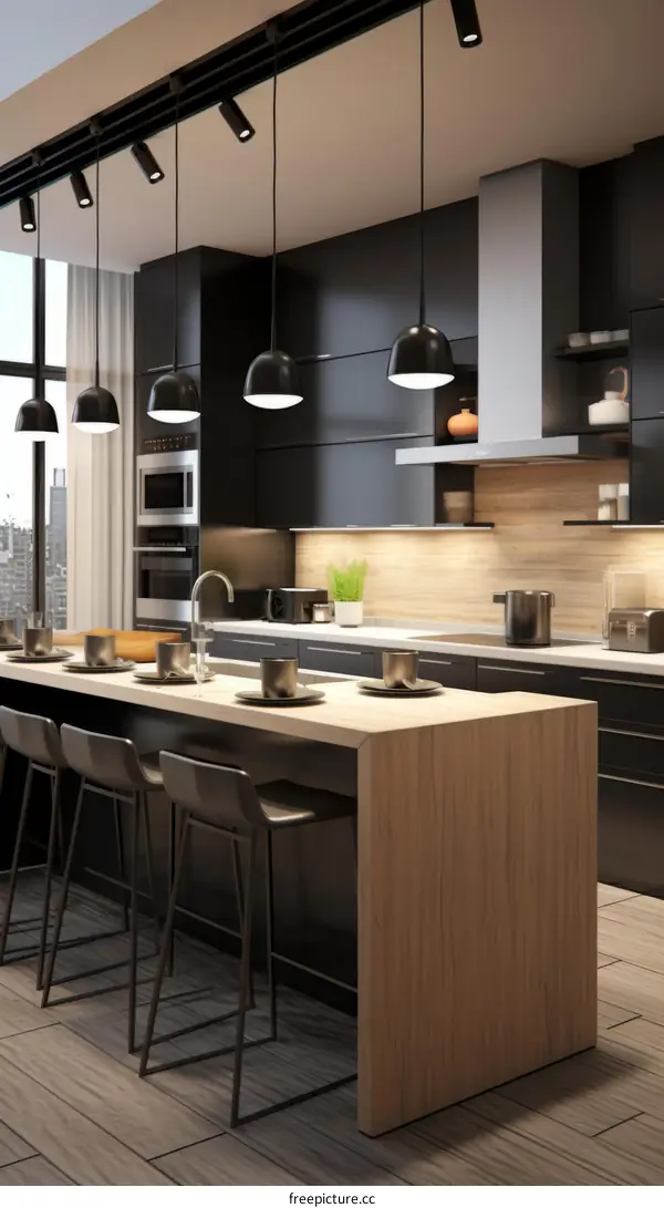 Black and wood grain modern kitchen with large island and seating