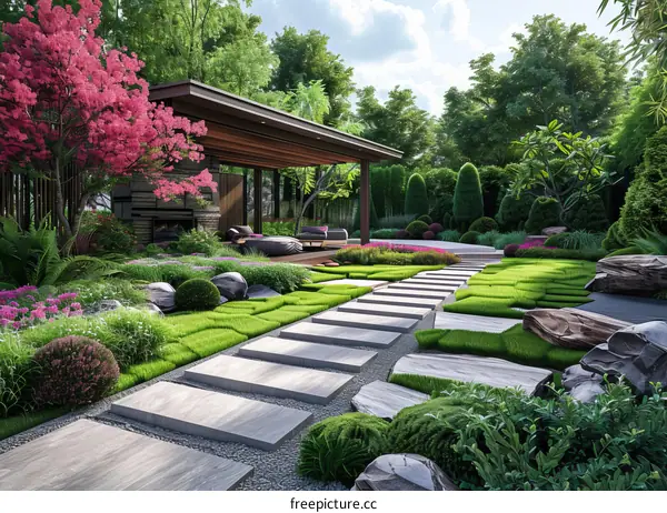 Pink Flowering Trees and Stone Path Landscaping