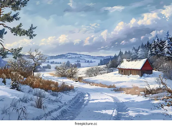 Snowy winter landscape with a barn