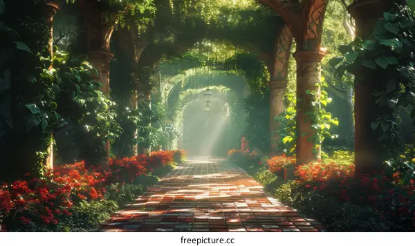 Mystical Garden Path with Crimson Blooms and Verdant Foliage