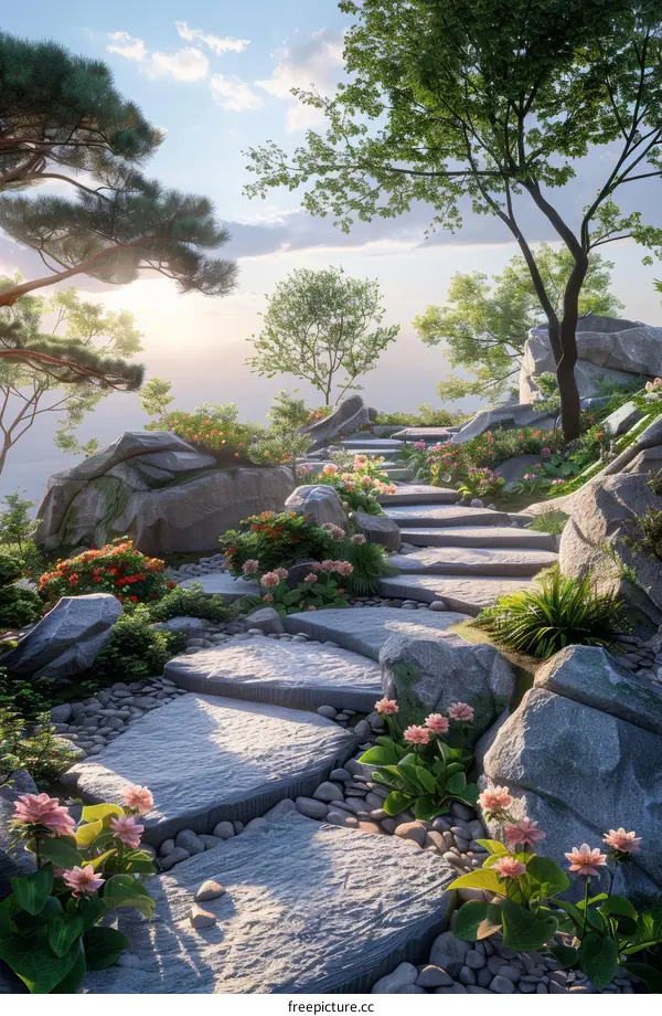 Tranquil Stone Path Through a Serene Garden