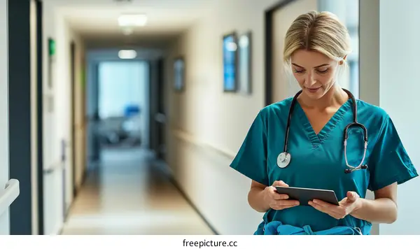 Female Caucasian Nurse Using Tablet in Hospital Corridor