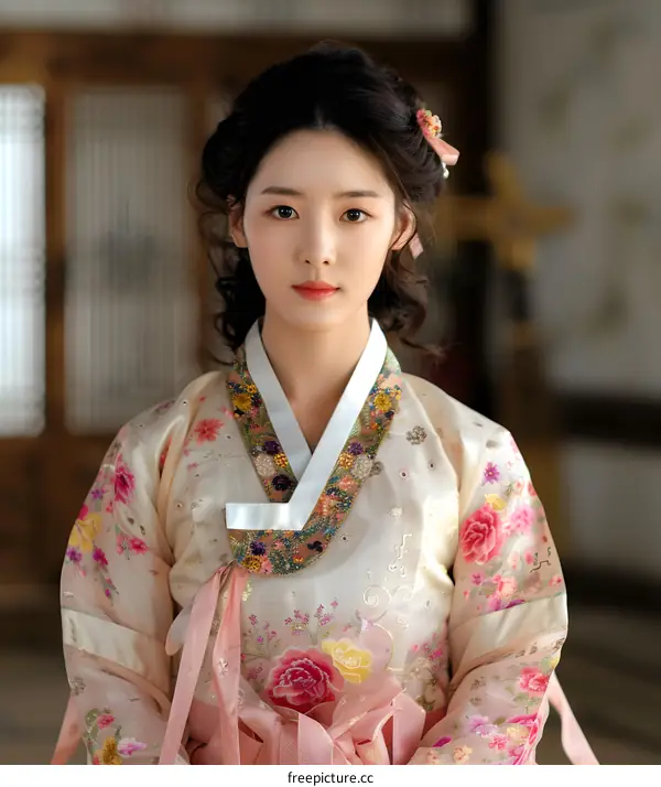 Portrait of a young woman in traditional Korean dress, or Hanbok