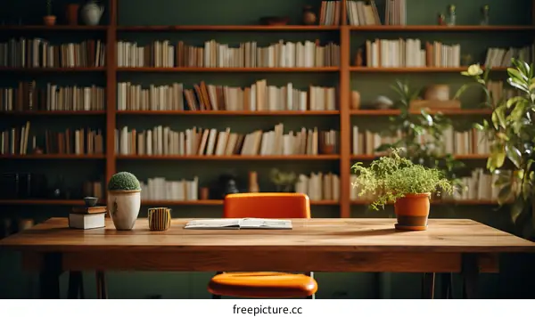 A desk in front of a large bookshelf