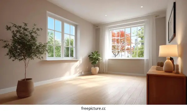 Empty Room with Large Window and Plants