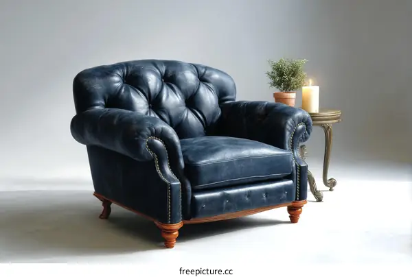 Classic Dark Blue Leather Armchair with Wooden Legs