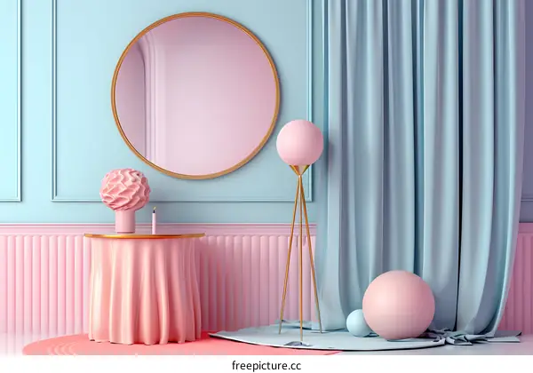Pink and Blue Interior Design with a Gold Mirror and Lamp
