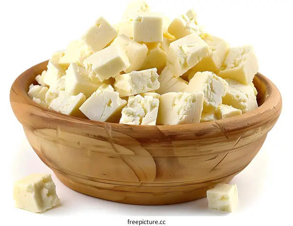 Wooden bowl filled with cheese cubes