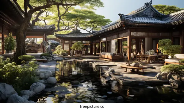 Courtyard with a pond and a house in the background