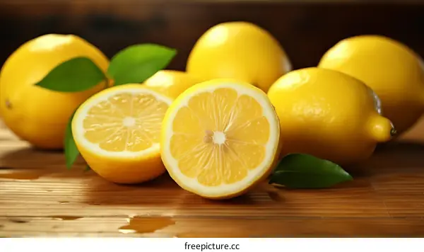 Fresh lemons on wooden table