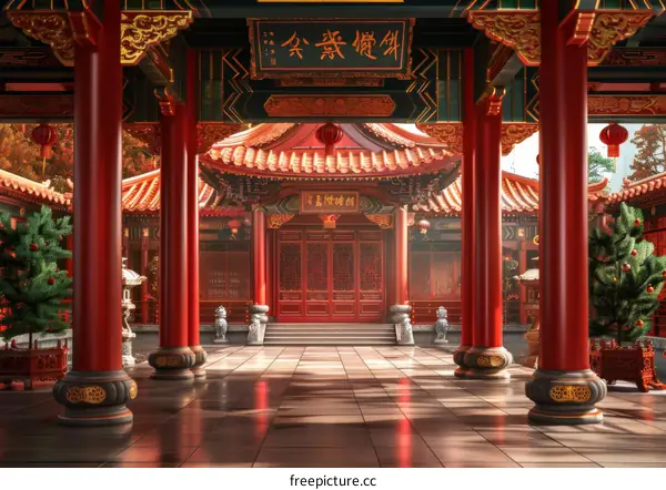 Chinese Temple Courtyard Illustration