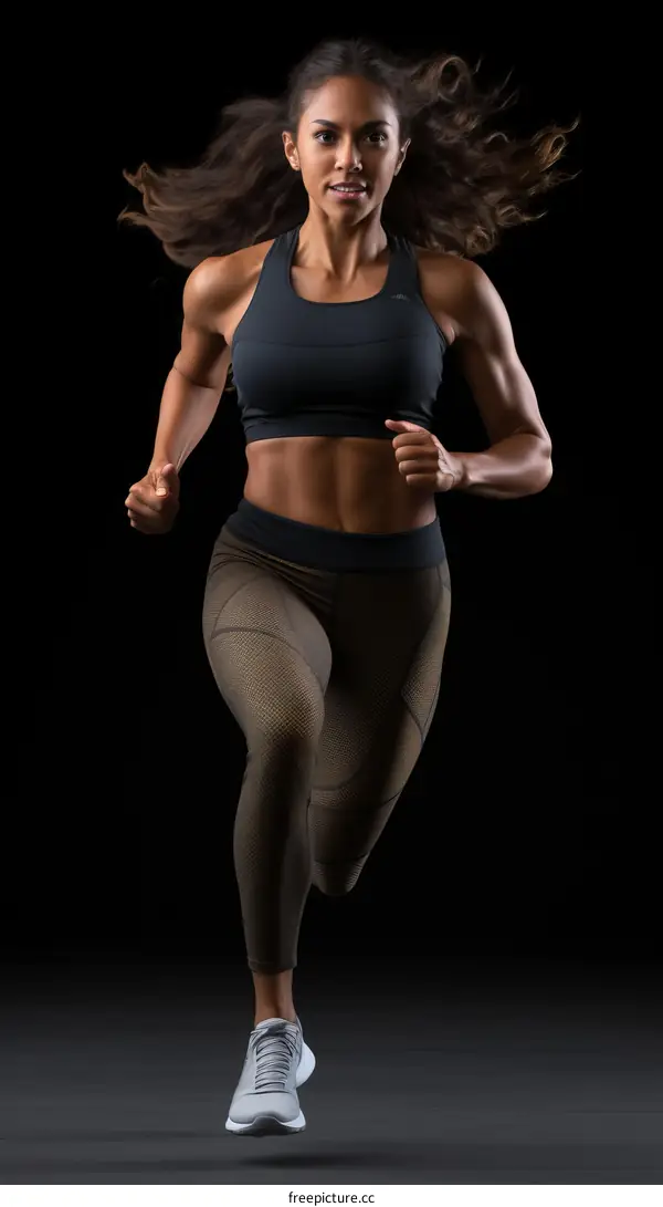 A young female runner with long brown hair is running towards the finish line.