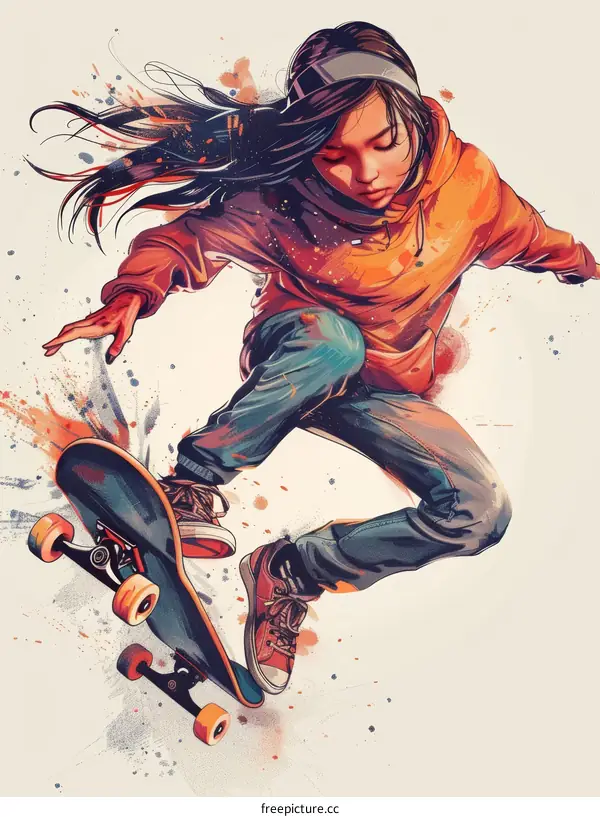 A young girl in mid-air while skateboarding