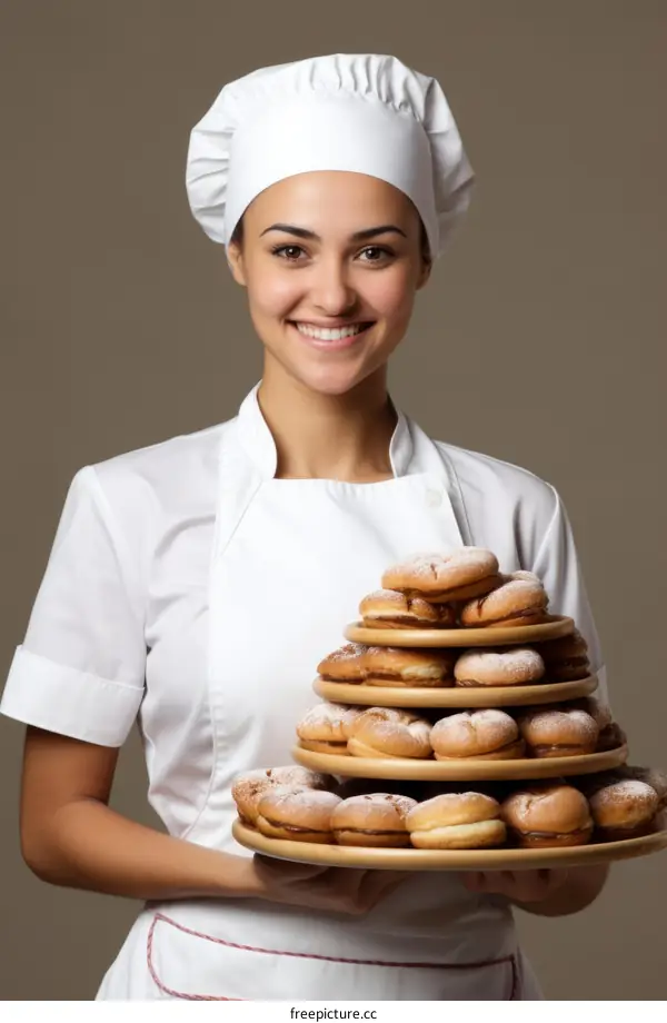 portrait of a female chef holding a plate full of doughnuts