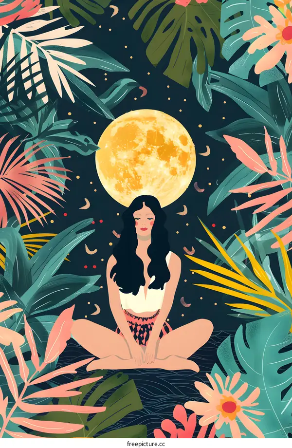 Woman Meditating Under the Full Moon in Lush Tropical Foliage