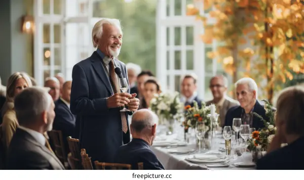 Elderly man giving a speech at a wedding