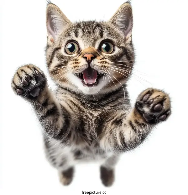 Adorable Kitten Raising Paws in Playful Pose