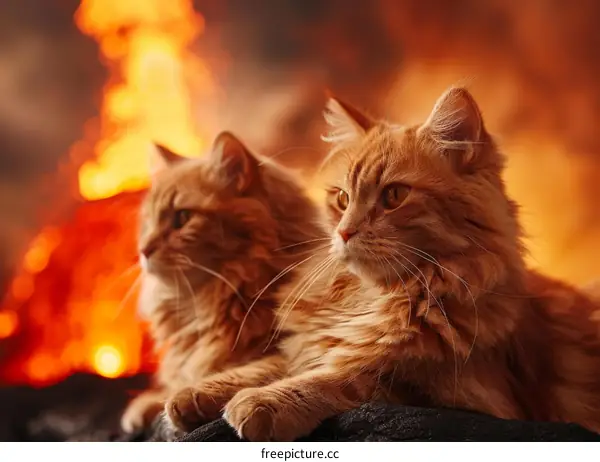 Two ginger cats sitting in front of a lava flow