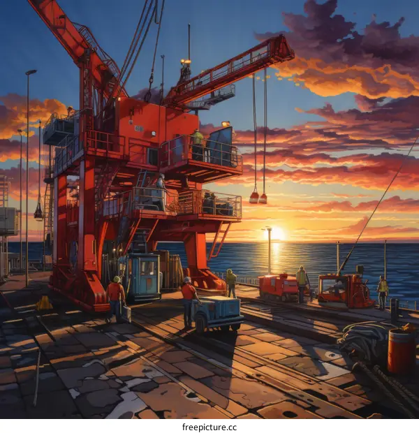 Sunset Work at the Port: Workers on a Red Crane