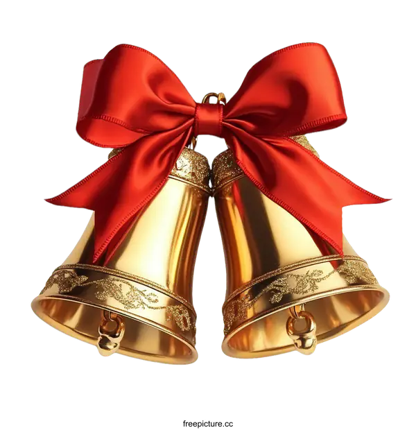 [Transparent Background PNG]Two Golden Christmas Bells with Red Ribbon