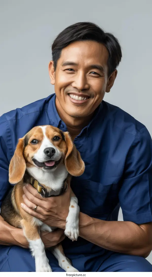 Portrait of a happy Asian veterinarian and a beagle dog
