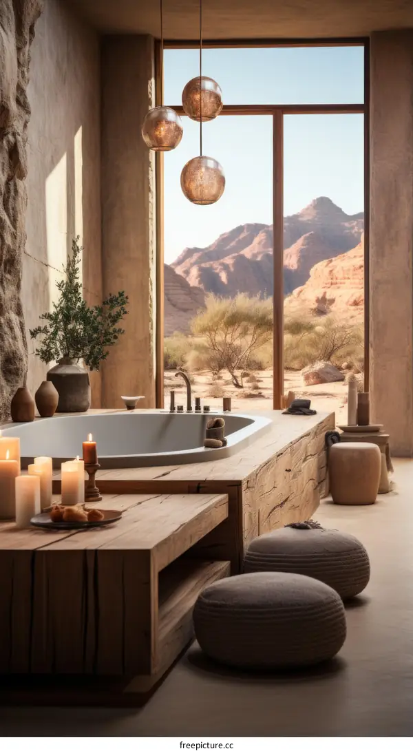 Modern bathroom with a desert view