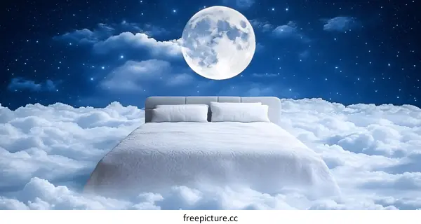 Bed Floating on Clouds Under Full Moon and Stars