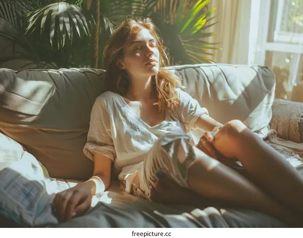 Relaxed Young Woman Enjoying Sunlight on a Sofa