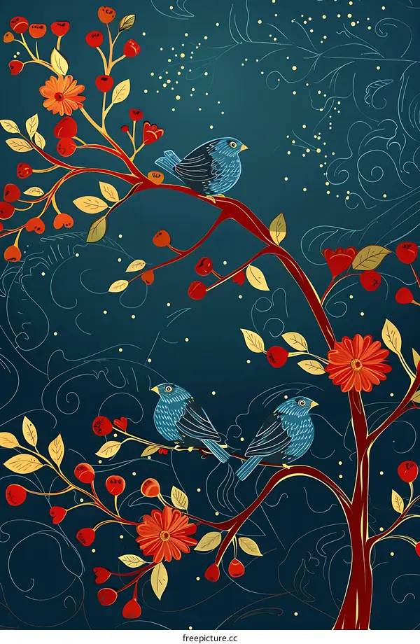 Blue Birds on a Tree Branch with Flowers