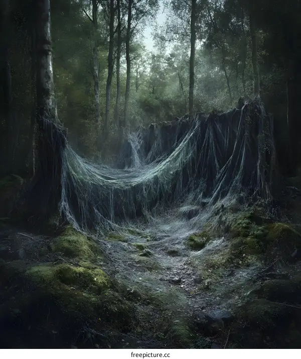 Enchanted Forest Path Covered in Spider Webs