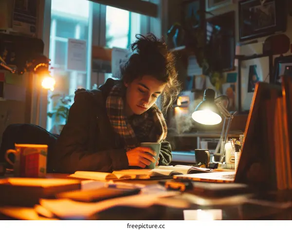 Young woman studying late at night in her room