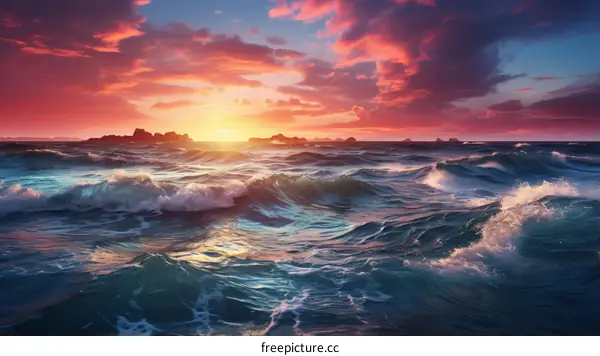 The setting sun casts a pink and purple glow over the ocean waves