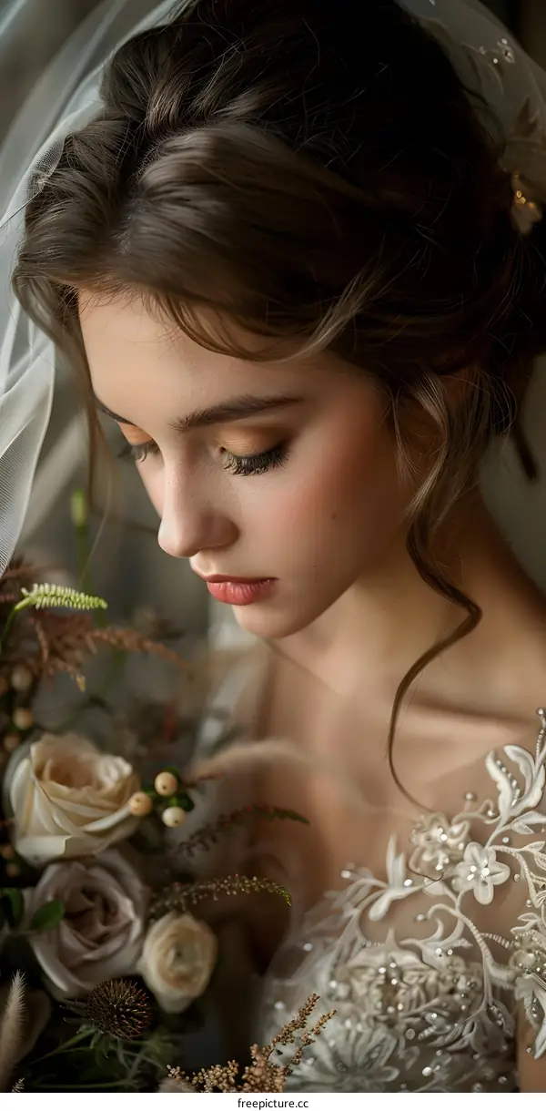 The bride is holding a bouquet of flowers, smiling, and bowing her head in thought