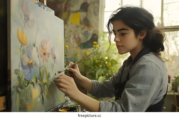 Young Artist Painting Flowers in Studio