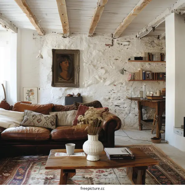 Rustic Charming Living Room with Exposed Stone Walls