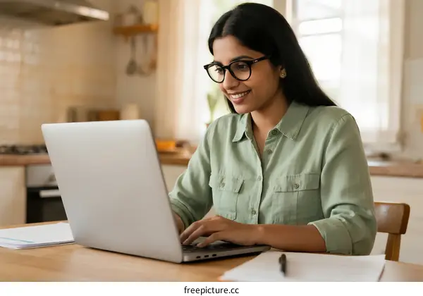 Young Indian Woman Working on Laptop at Home