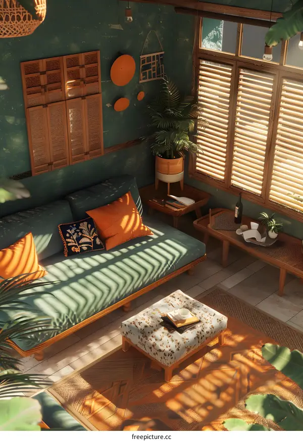 Living Room Interior Design With Green Walls and Wooden Furniture