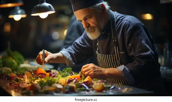 Focused Chef Carefully Arranges Salad Ingredients