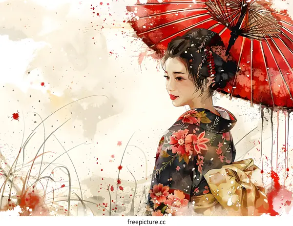 An illustration of a beautiful Japanese woman in a kimono holding a red umbrella.