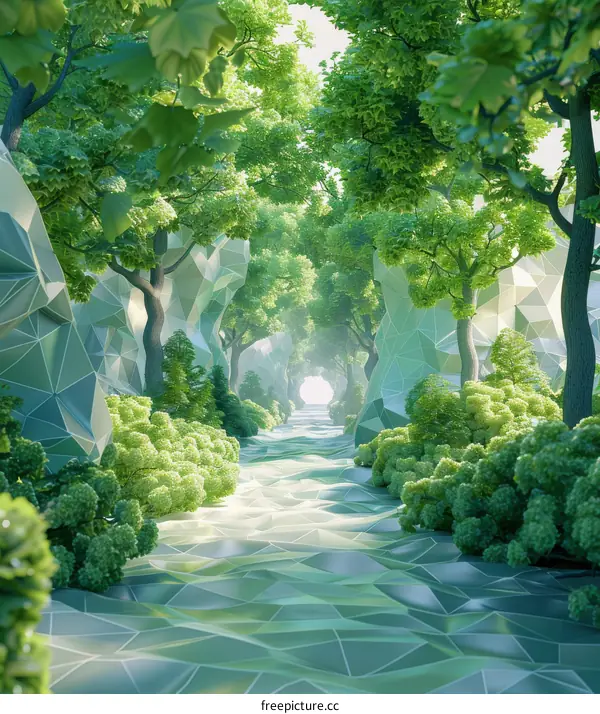 Surreal Digital Forest with Verdant Greenery and Rocky Path