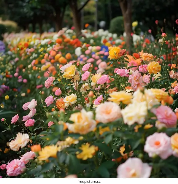 A Colorful Rose Garden In Full Bloom
