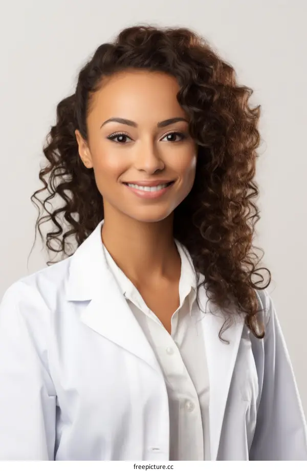 Portrait of a smiling young female doctor with curly hair wearing a white lab coat